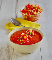gazpacho made with tomato juice, red bell pepper, cucumber, and red wine vinegar