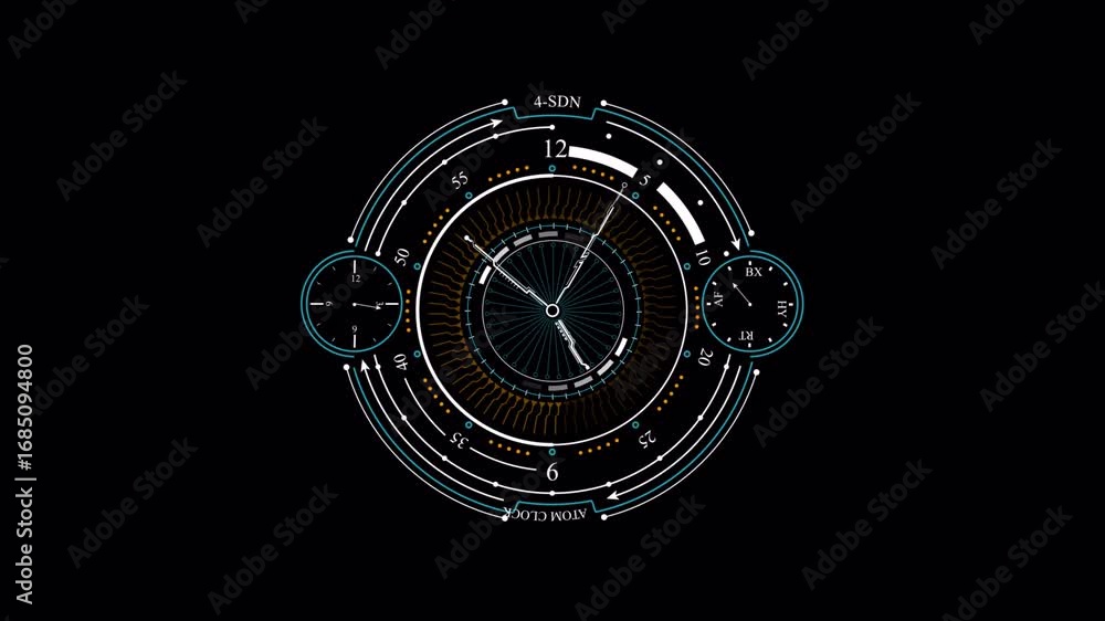 Poster futuristic sci-fi atomic clock animation with ticking hands and rotating hud dials