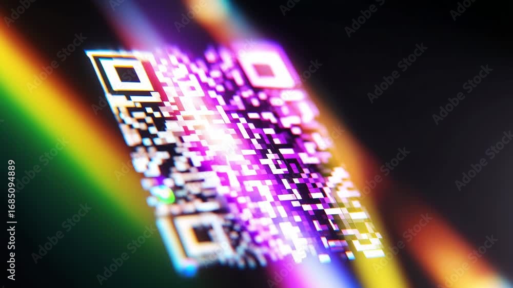 Poster a colorful qr code appears with dynamic patterns and reflections, showcasing bright lights against a