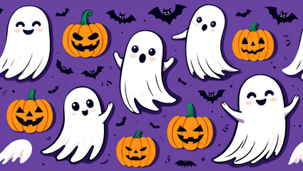 Purple background with a bunch of ghosts and pumpkins