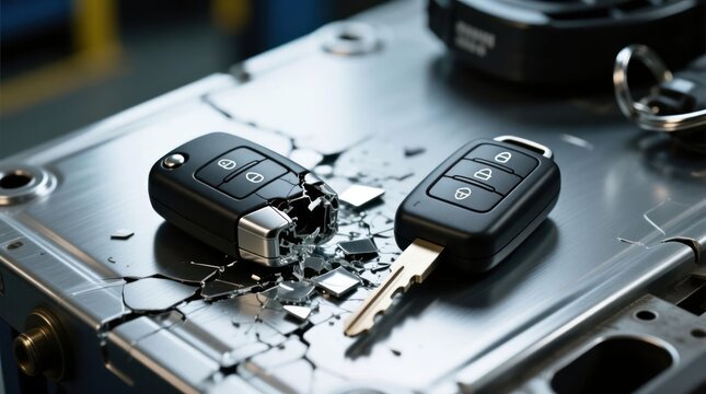 Broken car keys on metal surface