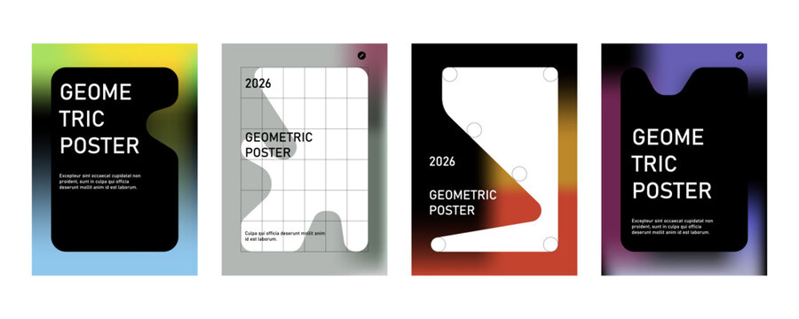 Posters with gradient minimalistic basic figures, extraordinary graphic assets of geometrical shape. Modern minimal colorful print brutalist.