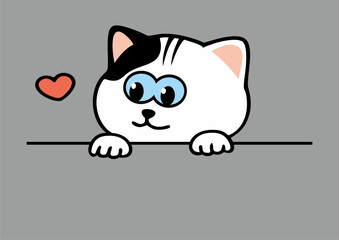 White cat with black stain, template for your text, heart, vector illustration, gray background