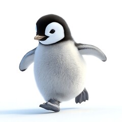 Fototapeta premium Cute baby penguin waddling playfully on a white background.