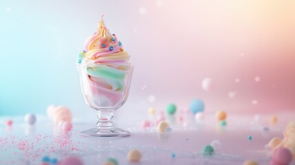 A soft-serve ice cream is a swirl of pastel rainbow colors &mdash; pink, yellow, green, and blue &mdash; and is decorated with colorful sprinkles and candy pearls.