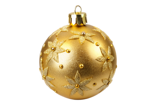 Luxurious shiny gold christmas ornament with embossed star details isolated on a black background transparent background
