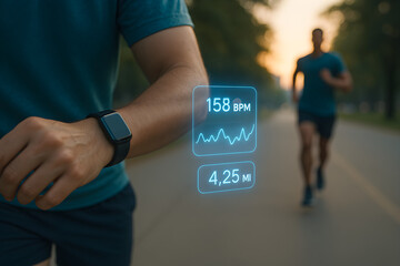 Athlete checking smart fitness watch while running outdoors with health data and statistics overlay