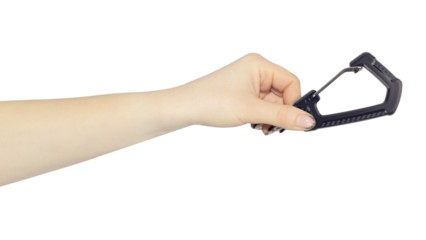 tourist carabiner in hand, outstretched hand with tourist carabiner isolated from background