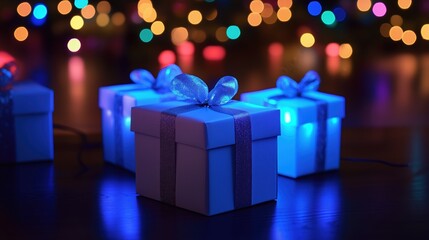 Wrapped gift boxes illuminated by a rich blue light. The boxes are adorned with shimmering ribbons and bows. In the background, colorful out-of-focus lights create a warm, celebratory bokeh effect.