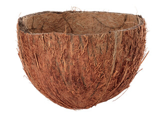 Half coconut shell with hard husk, empty inside, usable as a bowl, isolated on transparent...