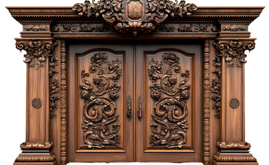 a pair of wooden doors with carved designs, isolated on a transparent background.