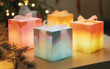 A group of glowing gift boxes arranged on a surface, each illuminated from within with soft, colorful gradients of light&mdash;blue, pink, yellow, and orange. The boxes are wrapped with elegant white ribbon