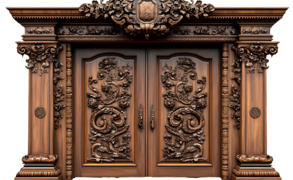 a pair of wooden doors with carved designs, isolated on a transparent background.