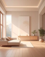 Modern Minimalist Living Room with Large Windows.