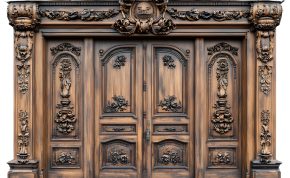 stylishly carved wooden doors, isolated on a transparent background.