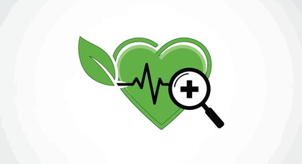 Vector illustration of green heart with a heartbeat line and a magnifying glass with a plus sign