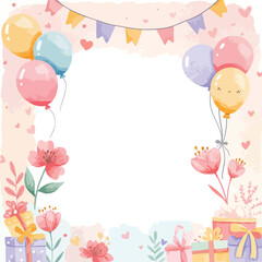 Illustration of a greeting card in pastel colors with gifts, balloons, flowers and flags