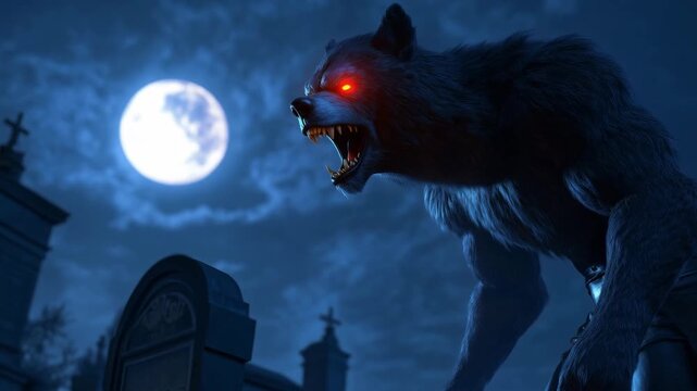A terrifying werewolf stalks through a graveyard beneath a bright full moon, creating an eerie atmosphere in the night