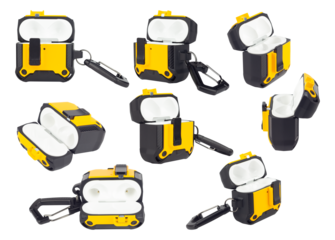 set of protective case with carabiner for wireless headphones, isolated from the background	