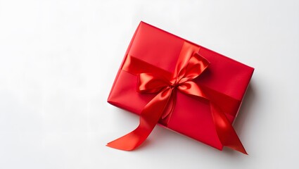 A bright red gift box with a satin ribbon tied in a bow