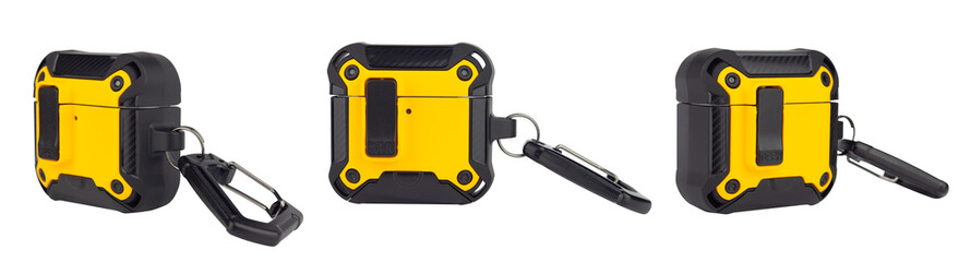 set of protective case with carabiner for wireless headphones, isolated from the background	