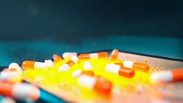 Drug delivery system exploding from tablet computer screen, futuristic medicine