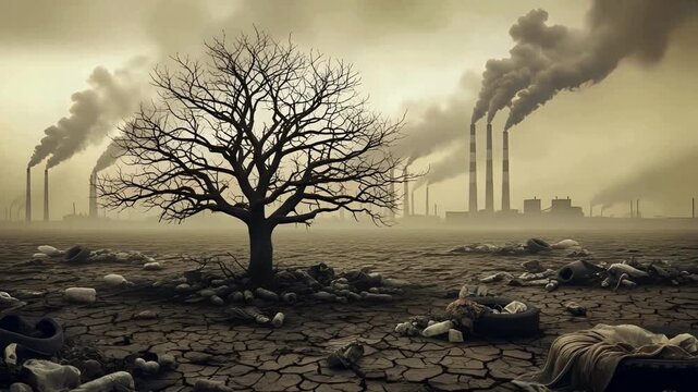 Stark barren landscape with dead tree and polluting factory smokestacks spewing smoke into hazy sky