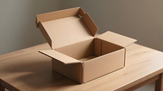 Open cardboard box sitting on a wooden table - Powered by Adobe