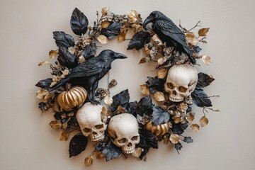 Obraz premium A decorative Halloween wreath featuring black ravens, gold pumpkins, and white skulls, arranged on a muted beige background.