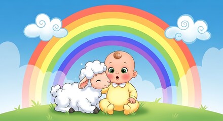 Fototapeta premium Adorable baby with a friendly lamb under a vibrant rainbow, perfect for children's books, nursery decor, and heartwarming family projects, a splash of joy