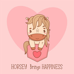 Cute Little Horse in Pocket with Heart. Adorable Pony Kawaii Animal on Pink. Cool Romantic holiday card valentine with slogan. Vector illustration. Kids collection. Not AI