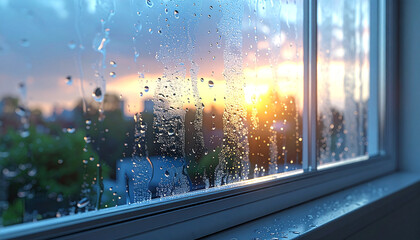 Rain-Kissed Vista: A misty, dewy window offers a captivating view of a sunrise, with rain droplets clinging to the glass, framing an enchanting urban scene.