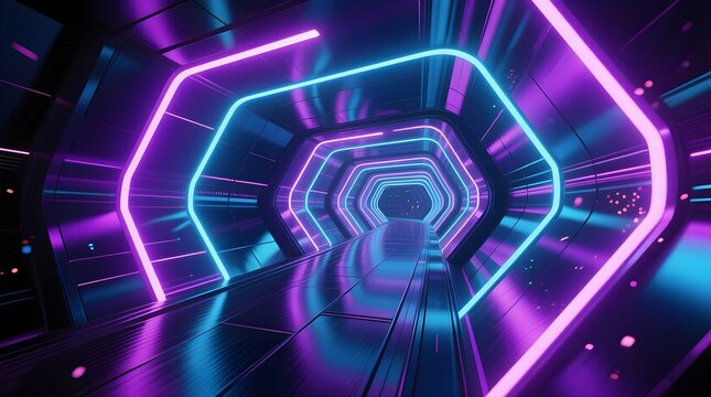 Futuristic neon hexagonal tunnel with blue and pink lights