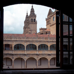 Towers of Santiago de Compostela Cathedral from the cloister of the Fonseca Palace