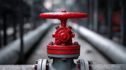 Red industrial valve in dark underground facility. Neural network AI generated