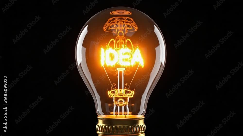 Poster illuminated light bulb with the word idea inside and a brain outline on a dark background