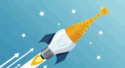 A lightbulb rocket fueled by gold coins, soaring upward with speed and success.