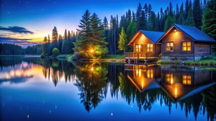 Fototapeta premium Photo of a serene lakeside cabin glows warmly against the tranquil backdrop of a twilight forest, its reflection shimmering on the still water, creating a peaceful and inviting retreat into nature