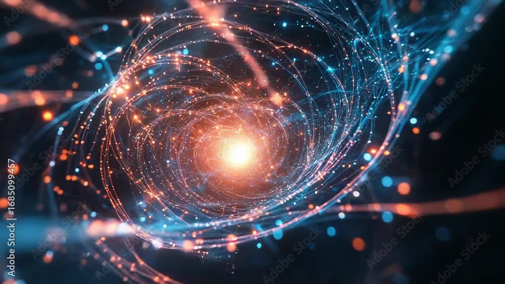 Poster glowing particles rotating and forming a tunnel with light at the end