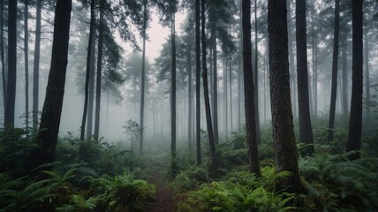 Obraz premium A misty forest scene featuring tall trees and lush ferns, creating an ethereal atmosphere.