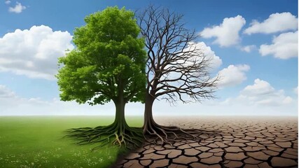 Vibrant life transitions to arid desolation with a stark visual contrast showcasing ecological change and resilience.