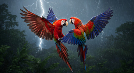 A vibrant pair of scarlet macaws perform an aerial courtship dance during a dramatic thunderstorm in the jungle