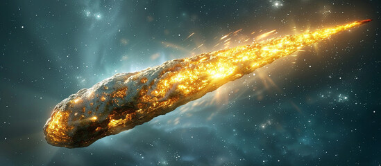 Burning meteor entering atmosphere, cosmic background
