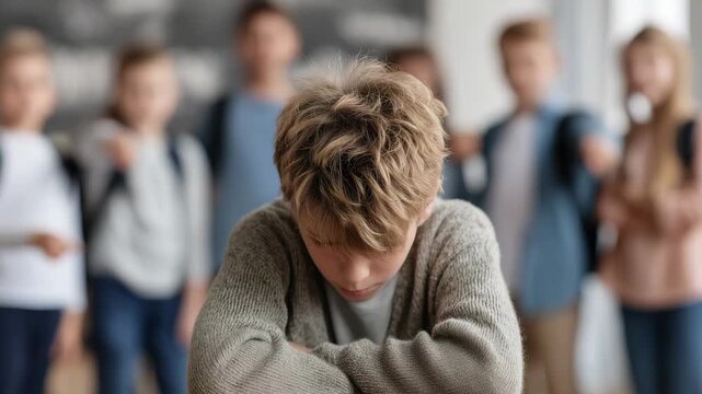 A young boy sits quietly with his head down, while group of children in the background point and laugh, highlighting a moment of bullying at school