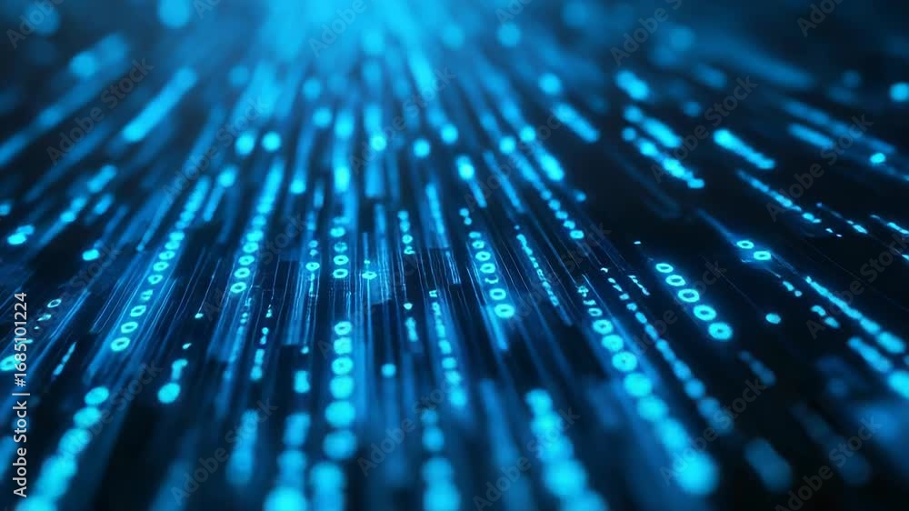 Poster binary code stream flowing on dark background