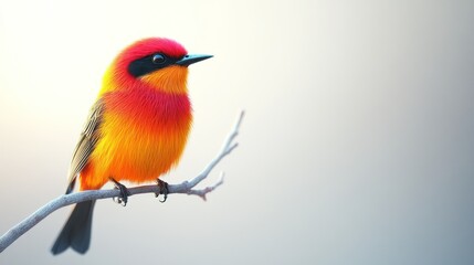 Colorful bird perched on branch, soft light background, nature, tranquility
