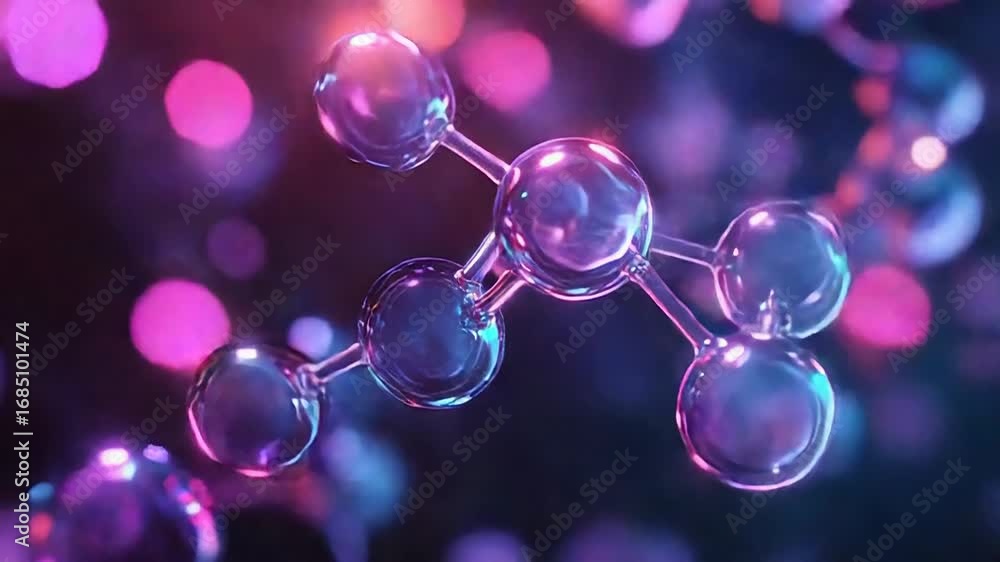Poster abstract molecule structure glowing in vibrant colors with bokeh effect