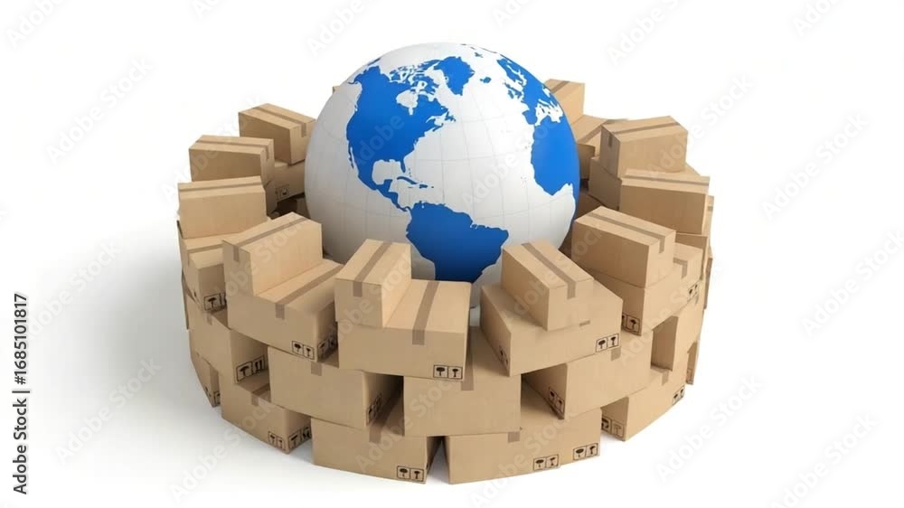 Poster Globe surrounded by stacked cardboard boxes on a white background in a studio setting