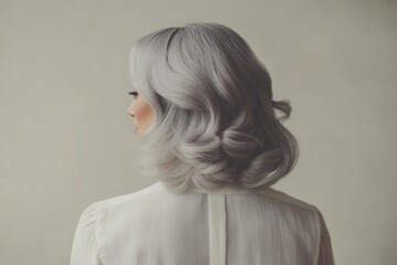 A woman's back profile, showcasing voluminous, styled silver hair, set against a muted backdrop.