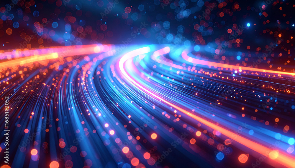 Poster cyberstream: this image reveals an intricate digital pathway, glowing with bright colors, that guide